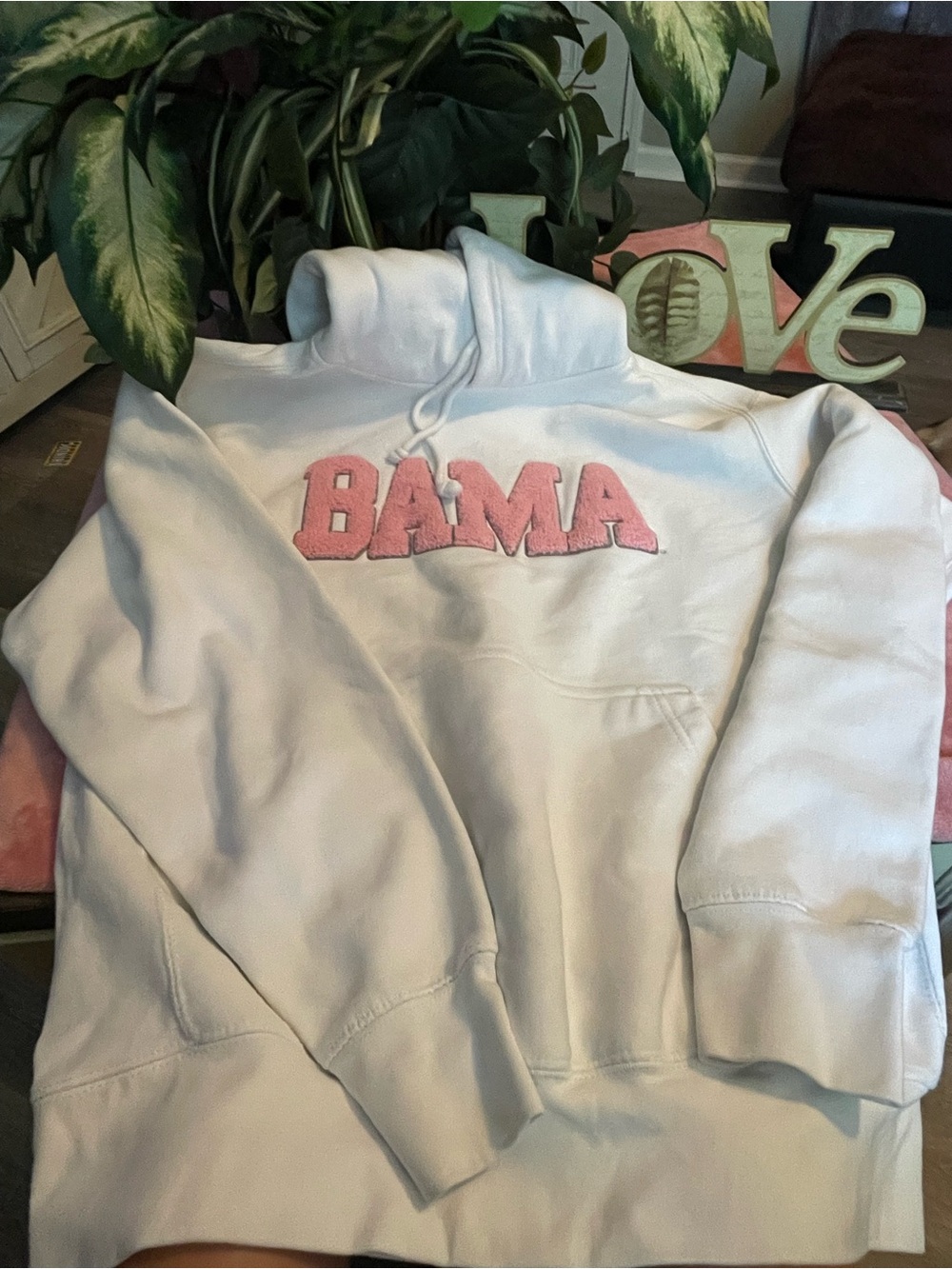White BAMA Pullover Hoodie with Pink Applique